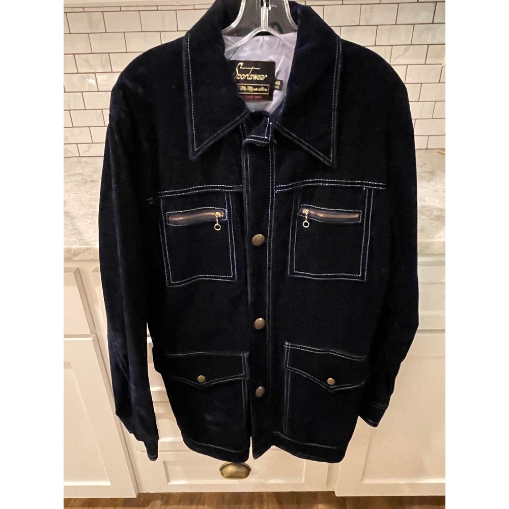 Sears Sportswear Jacket Mens 40 Navy Blue Suede 70s Velvet Safari Field Coat